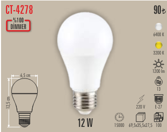 Cata 12W Dimlenebilir Led Ampul E-27 Duy 6500K (Beyaz) CT-4278