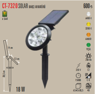 Cata 18W Günışığı Solar Kazıklı Çim Armatürü CT-7320G