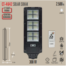 Cata 300w Solar Kumandalı Led Projektör 6500K (Beyaz) CT-4642