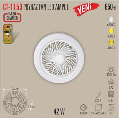 Cata 42W 3 Farklı Renk Modlu Dimlenebilir Poyraz Fan Led Ampul E27 Duy 6500K (Beyaz) CT-1153