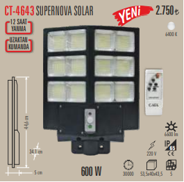 Cata 600w Süper Nova Solar Kumandalı Led Projektör 6500K (Beyaz) CT-4643