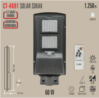 Cata 60w Solar Kumandalı Led Projektör 6500K (Beyaz) CT-4691