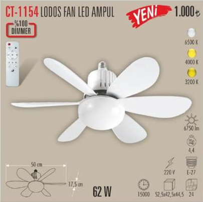 Cata 62W 3 Farklı Renk Modlu Dimlenebilir Lodos Fan Led Ampul E27 Duy 6500K (Beyaz) CT-1154