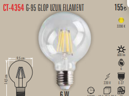 Cata 6W Edison G95 Led Glop Ampul E27 Duy 3000K (Günışığı) CT-4354G