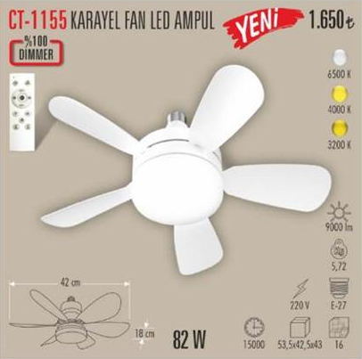 Cata 82W 3 Farklı Renk Modlu Dimlenebilir Kareyel Fan Led Ampul E27 Duy 6500K (Beyaz) CT-1155