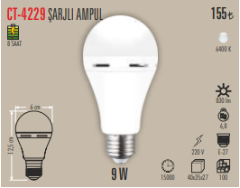 Cata 9w Şarjlı Led Ampul Beyaz CT-4229B