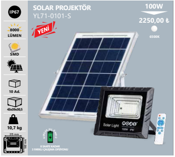 Noas 100W Solar Led Kumandalı Projektör 6500K (Beyaz) YL71-0101-S