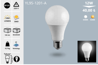 Noas 12W Led Ampul E27 Duy 6500K (Beyaz)