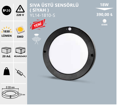 Noas 18w Sıva Üstü Sensörlü Led Panel Armatür Beyaz Kasa (Beyaz)YL14-1810