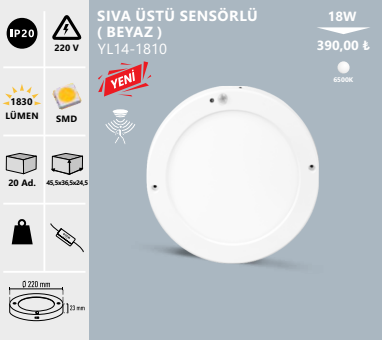 Noas 18w Sıva Üstü Sensörlü Led Panel Armatür Siyah Kasa (Beyaz)YL14-1810-S