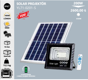 Noas 200W Solar Led Kumandalı Projektör 6500K (Beyaz) YL71-0201-S