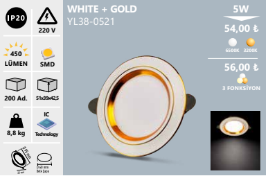 Noas 5W White+Gold Kasa Panel Led 3000K (Günışığı)YL38-0521