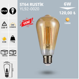 Noas 6W ST64 Rustik Flament Led Ampul E-27 Duy 1800K(Amber) YL92-0020