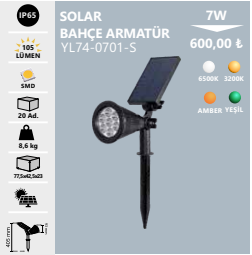 Noas 7W Beyaz Solar Kazıklı Led Çim Armatürü (Amber) YL74-0706-S