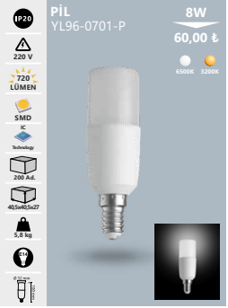 Noas 8W Pil Led Ampul E14 Duy (Günışığı) YL96-0702-P