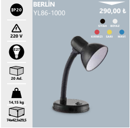 Noas Berlin E27 Duy Masa Lambası Siyah YL86-1000