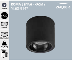 Noas Dekoratif Sıva Üstü Kasa Roma Siyah-Krom YL60-9147