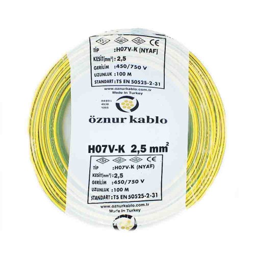 Öznur 1X2,5 mm NYAF Kablo-100m (Sarı/Yeşil)