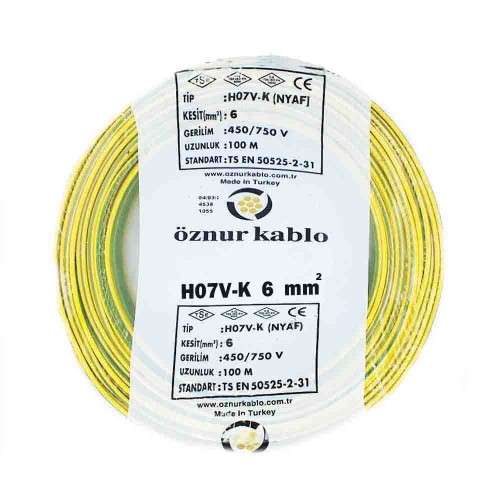 Öznur 1X6 mm NYAF Kablo-100m (Sarı/Yeşil)