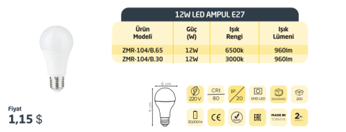 Zmr 12W Led Ampul E-27 Duy 3000K (Günışığı)