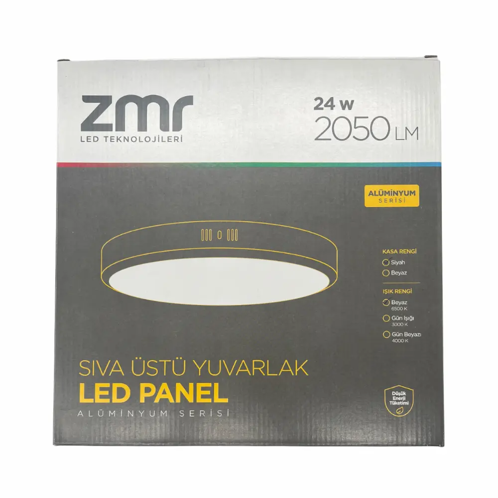 Zmr 24W Siyah Kasa Sıvaüstü Yuvarlak Panel Led Armatür 6500K (Beyaz)