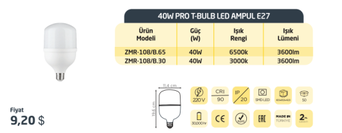 Zmr 40W Torch Jumbo Led Ampul E27 Duy 6500K (Beyaz)