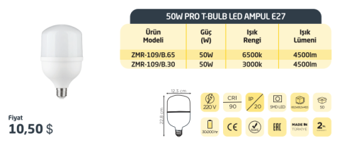 Zmr 50W Torch Jumbo Led Ampul E27 Duy 6500K (Beyaz)